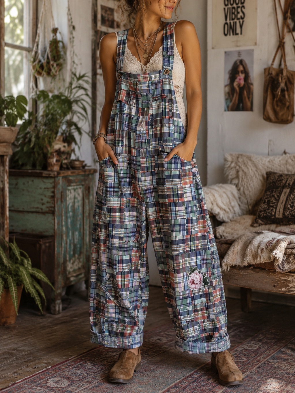 Nwot | Plaid Pastel Patchwork Overalls | | Oversized | Cotton | One Size